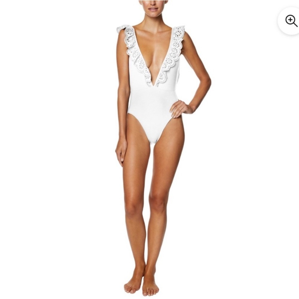 AVEC LES FILLES eyelet ruffle plunge front one piece swimsuit white 15336